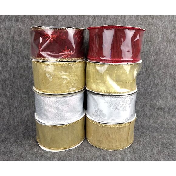 Holiday Ribbon Metallic 2" Wired Red Gold Craft Gift‎ Wrap Christmas Lot/8 NEW - Picture 1 of 13